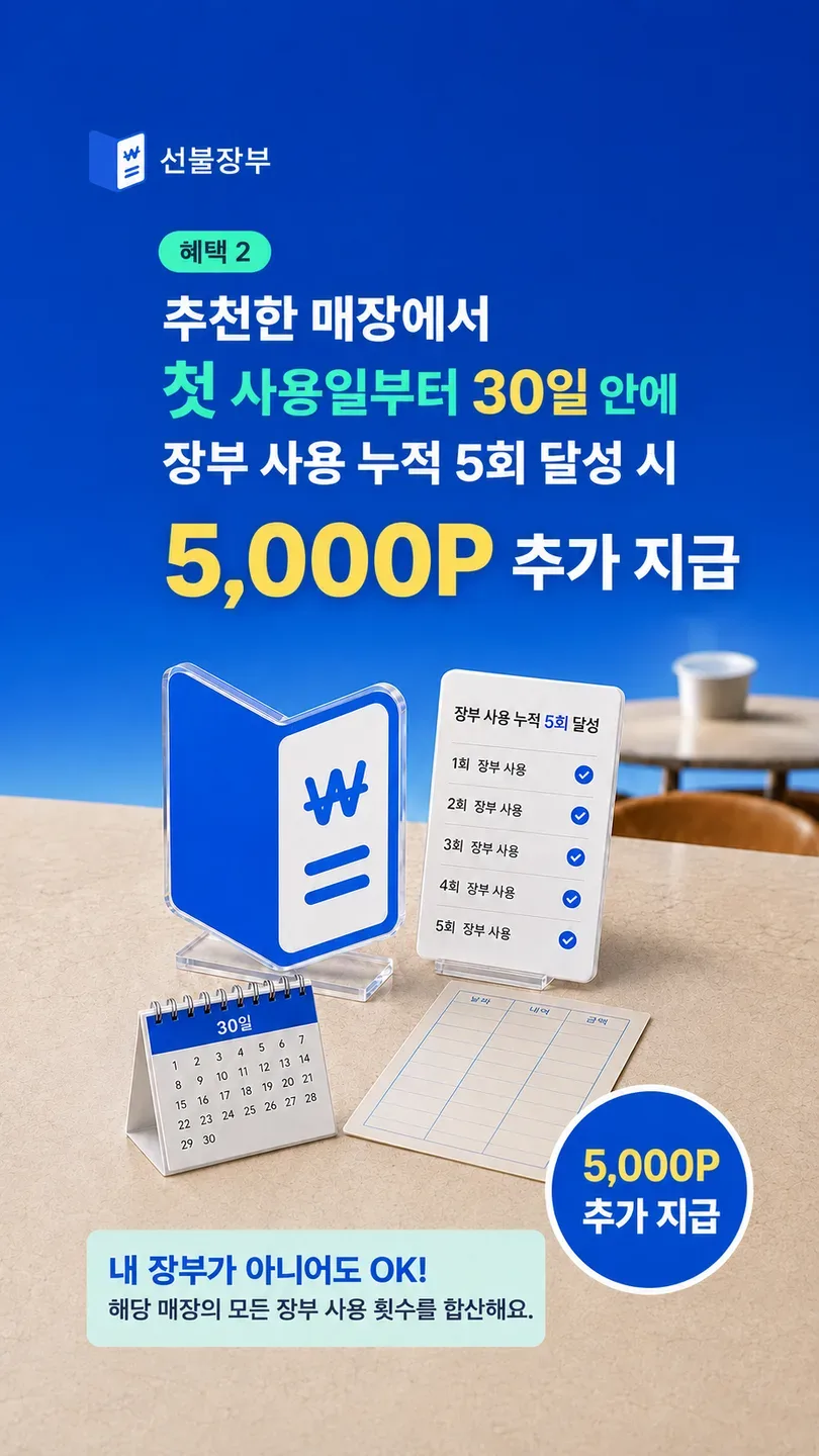 첫 인정 결제일부터 30일 안에 완료된 실제 결제 5회 달성 시 5,000P를 추가 지급하는 혜택 안내